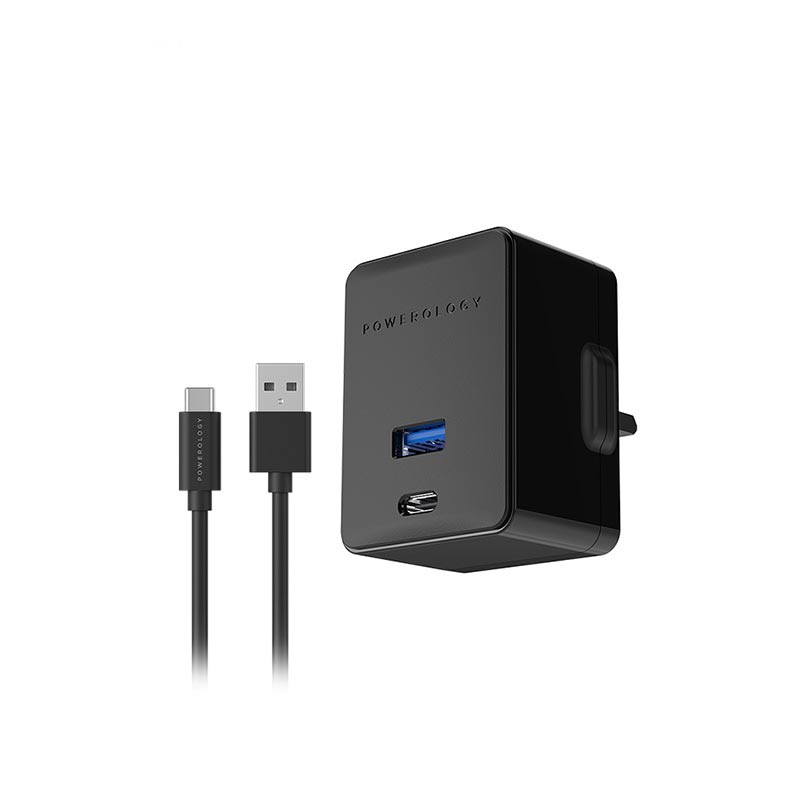 آداپتور شارژ سریع پاورولوژی همراه با کابل مدل Ultra-Quick PD 20W Charger Dual ports Total Output 36W model: P36PDQUKBK