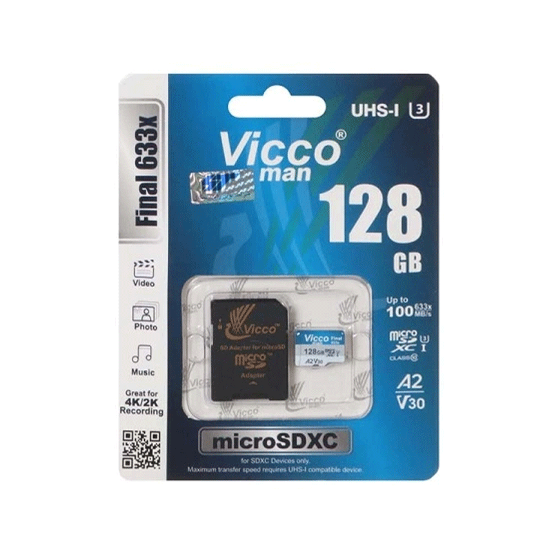 کارت حافظه ویکومن مدل Vicco Man Final 633x U3 100MB-s حافظه 128 گیگابایت به همراه آداپتور SD