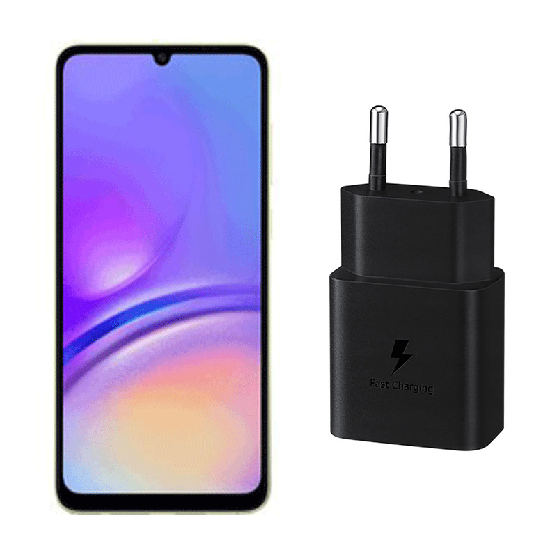 پکیج گوشی موبایل سامسونگ مدل Galaxy A05s ظرفیت 64 گیگابایت و رم 4 گیگابایت به همراه شارژر سامسونگ 15 وات مدل EP-T1510 همراه با کابل تایپ سی